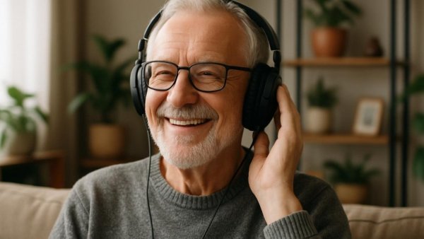 Elderly man using headphones for tinnitus relief options.