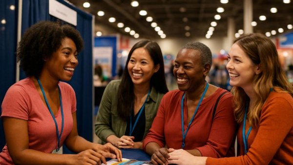 Women at AAA 2026 Convention interacting at a booth, vibrant setting.