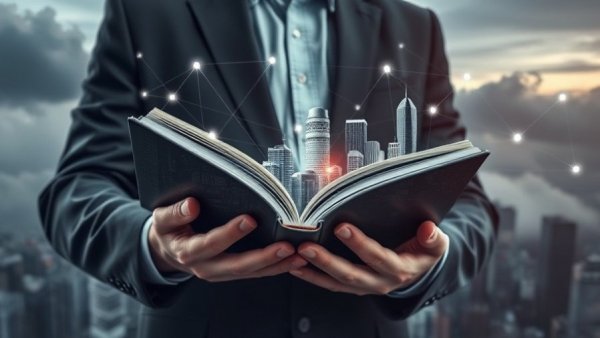 Hand holding book with finance and cityscape overlay.