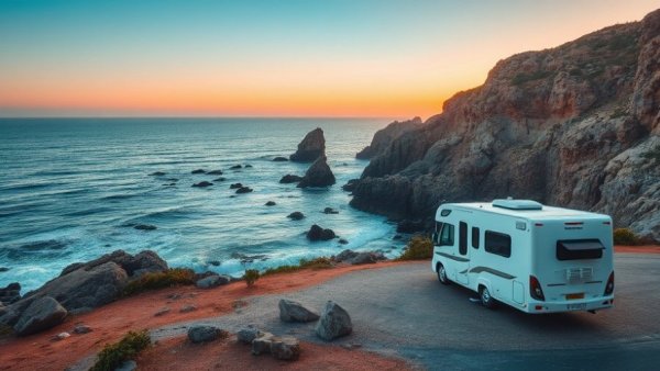 Coastal motorhome view at sunset reflecting RV rental experiences.