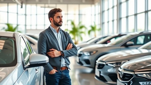 Man in car showroom analyzing cars, 2026 auto shopper trends.