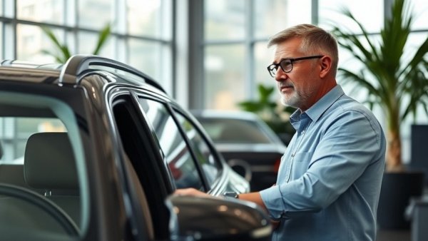 Man evaluating cars in showroom, considering used car financing rates.