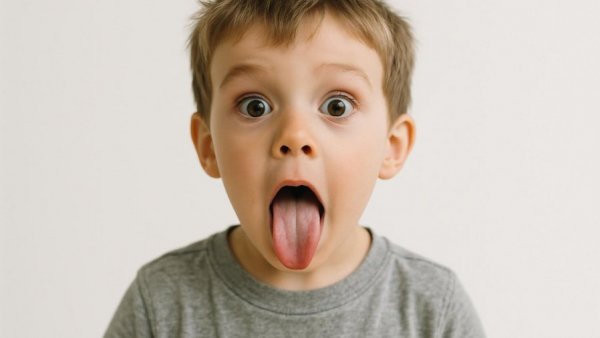 Young boy with surprised expression, playful gesture.