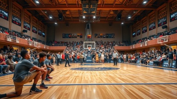 Vibrant basketball court scene with colorful crowd, capturing dynamic energy.