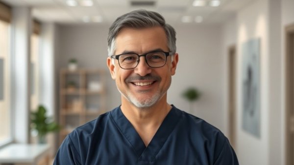 Middle-aged man in medical scrubs in a clinic.