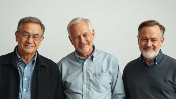 Three men standing and smiling in a casual setting.
