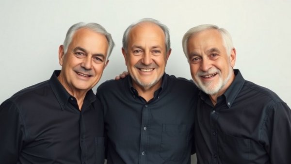 Friendly older men posing together, auto body repair context.