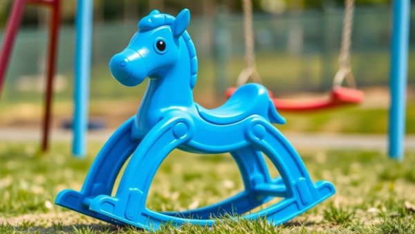 Large-part injection molding playground equipment featuring a blue rocking horse.