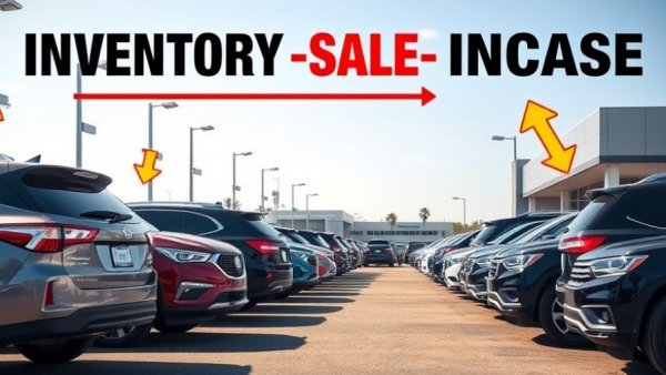 Used vehicle sales surge illustration with SUVs and arrows.