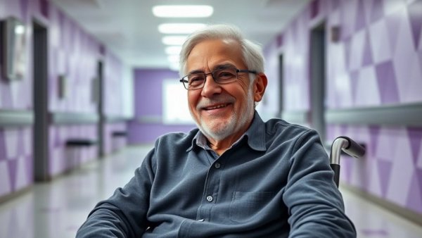 Smiling elderly man in wheelchair highlighting patient access challenges and benefits.