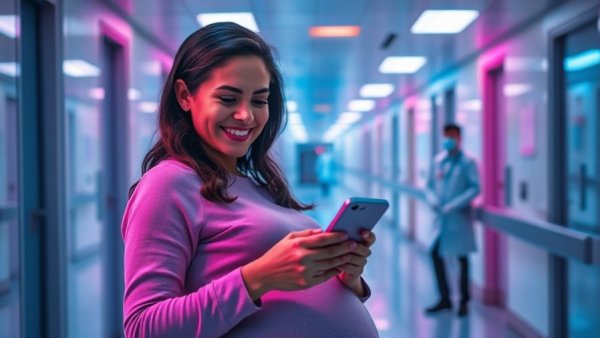 Smiling pregnant woman using smartphone in futuristic medical setting