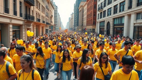 Lively street parade with participants marching, city backdrop