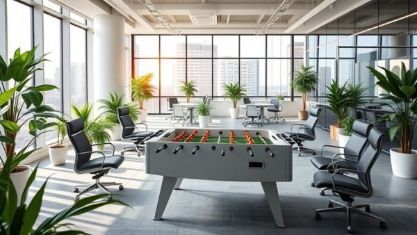 Open office with foosball table, hinting at talent development budget cuts.