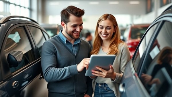 Couple using tablet in car dealership, exploring consumer control in auto retail.