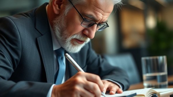 Senior executive writing notes at a desk for succession planning dealership.