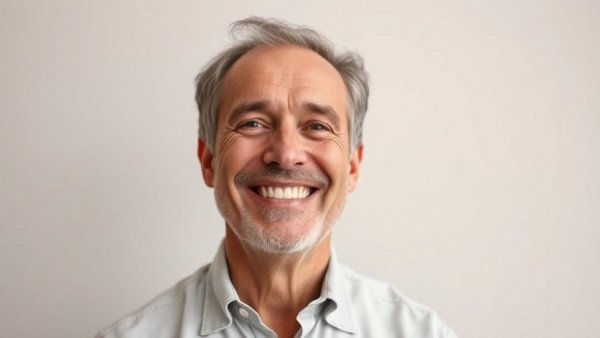 Smiling man in light shirt, digital child health record concept