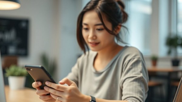 Woman using smartphone in workspace for mobile car buyers.