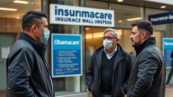 Two men discuss outside an Obamacare insurance agency.