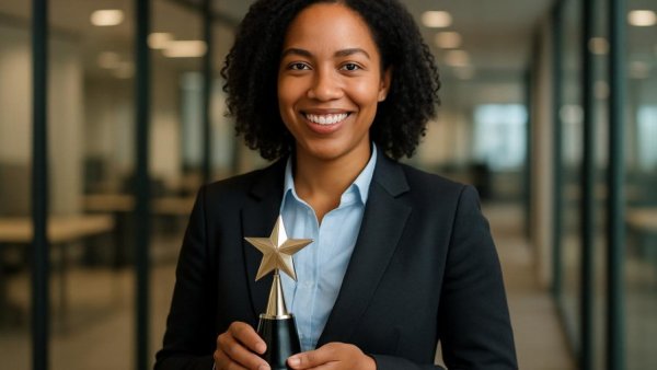 AI in hearing technology award winner in office setting.