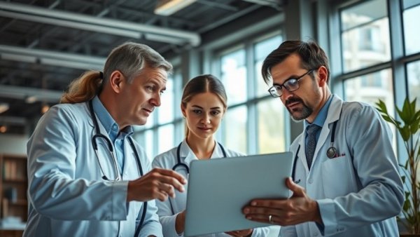 Healthcare professionals discussing on laptop, ensuring future-proofing payment integrity.