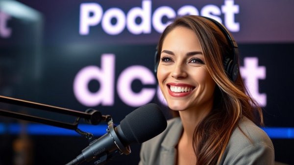 Smiling woman hosting a podcast with digital background, AI in Customer Success Strategies.