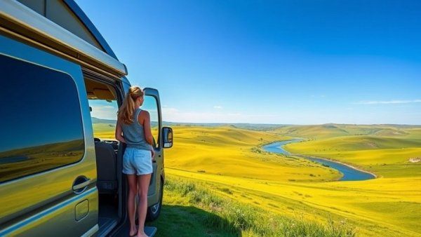 Young woman enjoying spring boondocking in Connecticut's lush meadow.