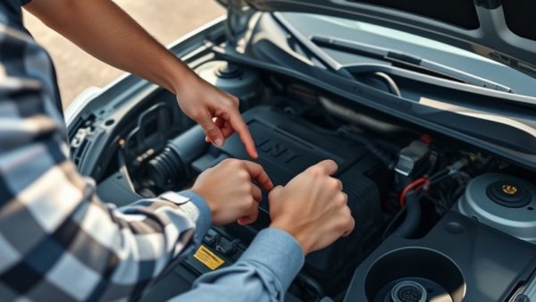 Individuals inspecting car engine under hood on a sunny day.