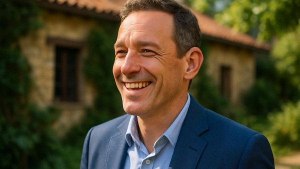 Man with hearing aid smiling outdoors, hearing loss treatment context.