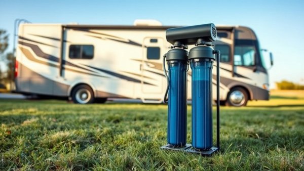 Glacier Fresh RV Water Filter System in front of an RV.
