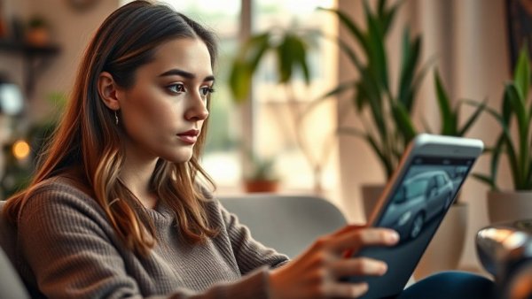 Woman exploring online car buying experience with laptop.