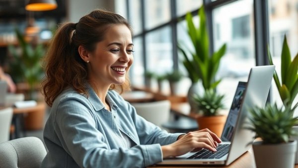 Woman exploring car options online at a cafe, enhancing the online-to-offline car buying experience.