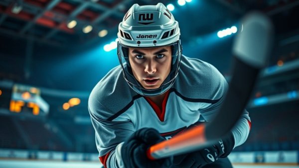Hockey player in action on ice, vibrant lighting, automotive retail leadership