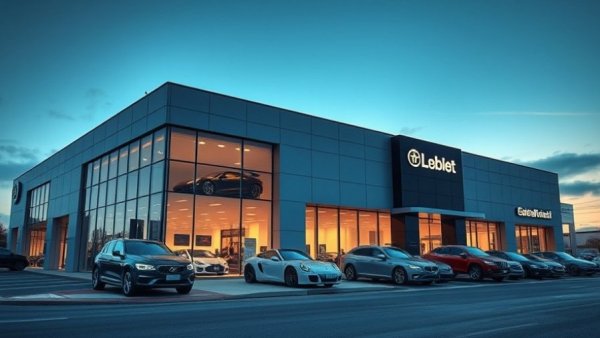 Car dealership exterior at dusk with sleek design and visible cars.
