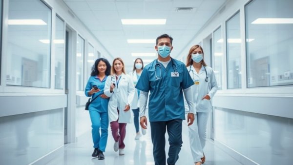 Medical professionals in a hospital corridor emphasizing accessible care.
