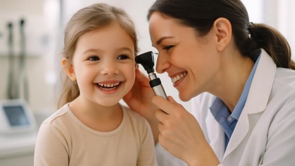 Child receiving ear exam, highlighting hearing loss treatment.