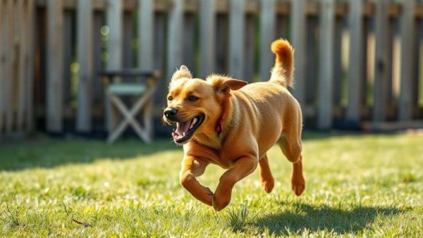 Playful dog running in a sunny backyard near an automotive training center.