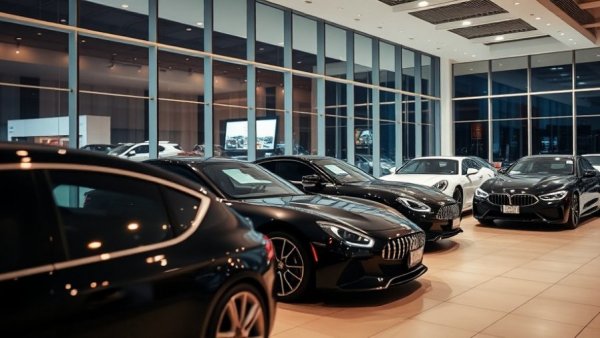 Luxury vehicles in modern dealership showroom at night, dealership buy-sell market 2025.