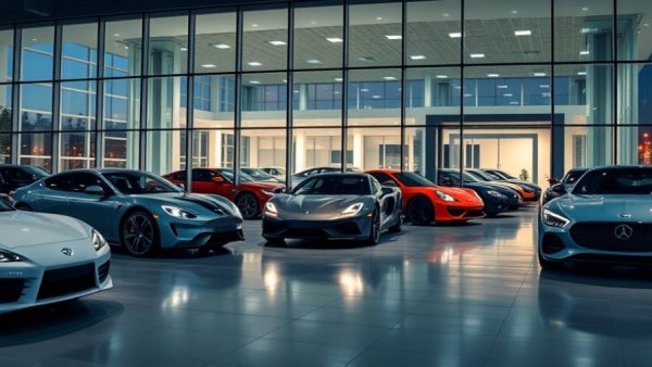 Glass-walled car dealership showcasing luxury vehicles at night in a bright showroom.