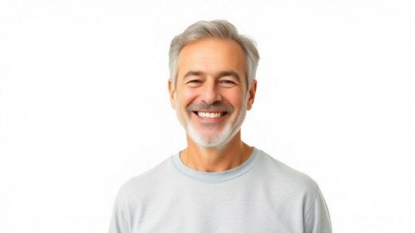 Smiling middle-aged man in casual shirt on neutral background