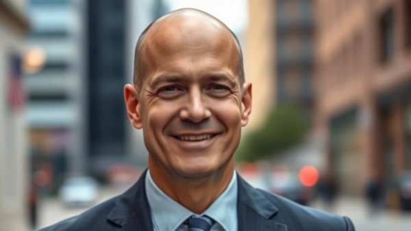 Bald man smiling softly with urban background, NHS trust integrated EPRs