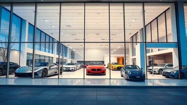 Modern car dealership showcasing luxury cars through glass windows, 2025 dealership buy/sell market.