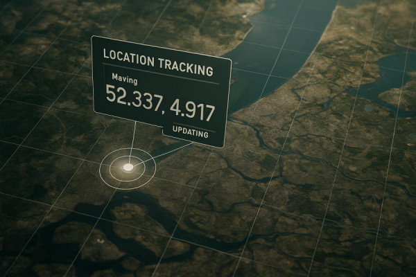 location tracking interface, analytical look, updating in real-time, photorealistic, satellite imagery background with geographic details, highly detailed, moving coordinates, 8K rendering, muted earth tones, overhead lighting, shot with a zoom lens.