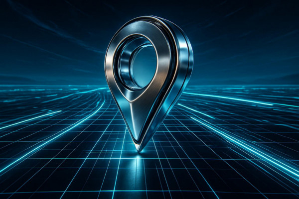 futuristic location pin, sleek and metallic, orbiting in a digital grid, photorealistic, virtual landscape background with neon accents, highly detailed, light trails of data, super-resolution output, stark metallic colors, luminescent lighting, shot with a fisheye lens.