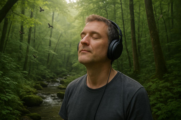natural tinnitus sound therapy, restful expression, engaging with nature, photorealistic, dense forest with chirping birds, highly detailed, subtle water stream, high resolution, earthy colors, diffused sunlight filtering through leaves, shot with a wide-angle lens.