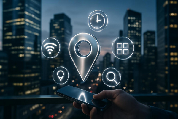 augmented reality location tracking, immersive presentation, icons hovering in space, photorealistic, tech-savvy urban backdrop with skyscrapers, highly detailed, interactive holograms, high dynamic range, polished silver colors, twilight glow, shot with a depth sensor lens.