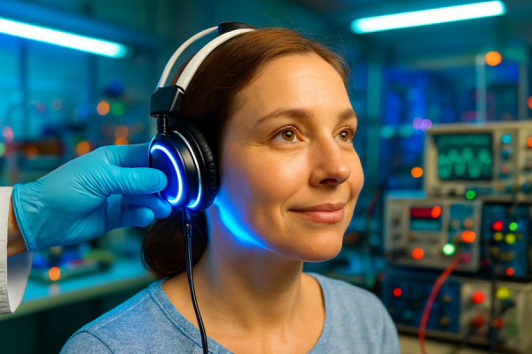 innovative tinnitus therapy, hopeful expression, employing new methods, photorealistic, bright laboratory filled with experimental setups, highly detailed, faint buzzing of electronics, digital, vibrant colors, fluorescent overhead lighting, shot with a macro lens.