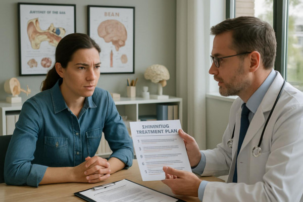 personalized tinnitus treatment plan, determined expression, consulting with a specialist, photorealistic, organized office with medical charts and models, highly detailed, quiet hum of conversation, crisp, professional colors, natural daylight through large windows, shot with a standard lens.