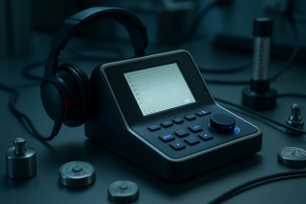 compact audiology equipment, sleek design, in use during a hearing assessment, photorealistic, tabletop setup surrounded by various calibration tools, highly detailed, gentle blinking lights indicating active testing, 6k resolution, cool fluorescent lighting, shot with a macro lens.