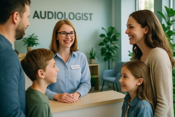 inviting audiologist clinic, welcoming, receptionist greeting a family, photorealistic, clinic with green potted plants and sleek chairs, highly detailed, soft chatter from patients, vivid close-up of faces, pastel blues and greens, natural midday lighting, shot with a 50mm lens.
