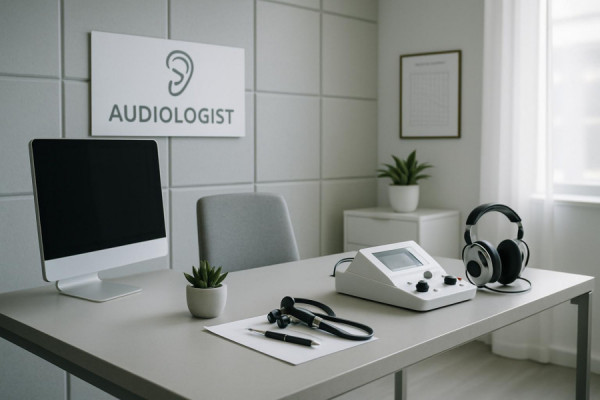 sleek audiologist office, minimalistic, preparing for a consultation, photorealistic, office desk with modern decor and acoustic materials, highly detailed, quiet office sounds, sharpness with slight bokeh, light grays and whites, diffused natural light, shot with a 35mm lens.